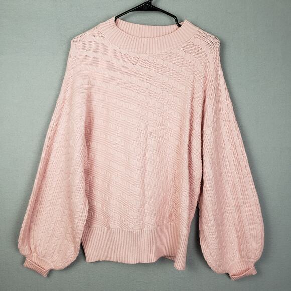 Balloon Sleeve Cable Knit Sweater Blush Pink Pullover Relaxed Fit Preppy Size L - Picture 1 of 7